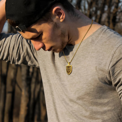 Shield Pendant Amulet Necklace for Mens Saint Michael the Archangel Pendant Gold Plated Catholic Stainless Steel Jewelry for Son Father