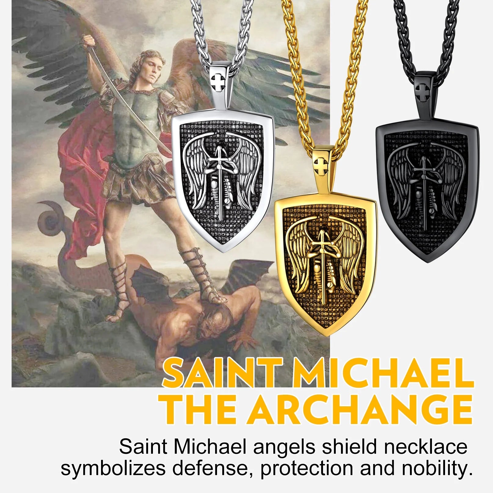 Shield Pendant Amulet Necklace for Mens Saint Michael the Archangel Pendant Gold Plated Catholic Stainless Steel Jewelry for Son Father