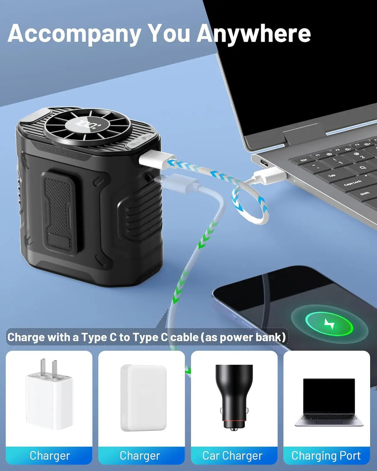 Hanging Waist Fans Waist Clip Fan Portable under Shirt Fan USB Charging Electric Fan Outdoor Camping Cooling Device LED Light