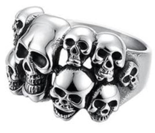 R12 Stainless Steel Multi-Skull Face Biker Ring