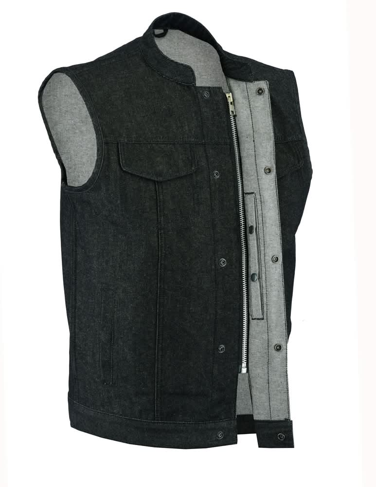 Men's Rough Rub-Off Raw Finish Motorcycle Denim Vest - Black
