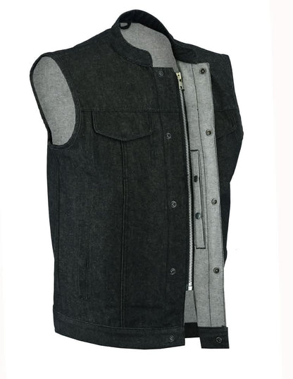 Men's Rough Rub-Off Raw Finish Motorcycle Denim Vest - Black