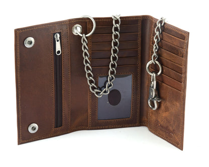 BWC234 BROWN LONG TRI-FOLD BIKER LEATHER CHAIN WALLET  Wallet Chains/Key Leash  qykyai-sq.myshopify.com